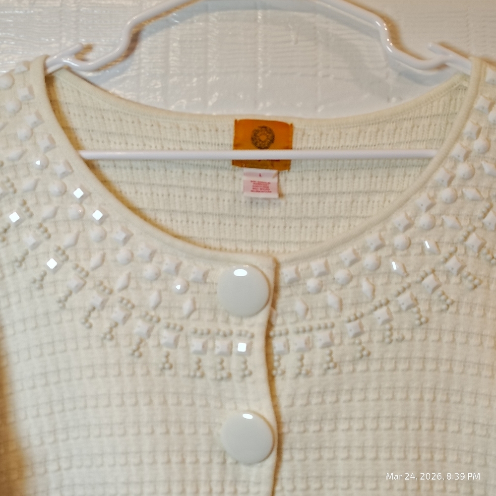 Ruby Rd. Embellished Cream Knit Cardigan WOMENS SZ LG OLD MONEY COQUETTE CHIC - Picture 2 of 7